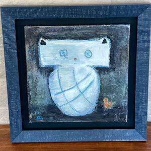 Modernist Original Cat and Bird Framed Oil Painting